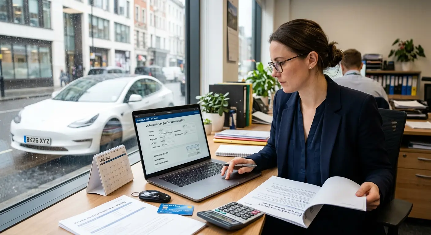 Working out company car benefit in kind UK employee using benefit in kind tax calculator with company car, fuel card and health insurance documents